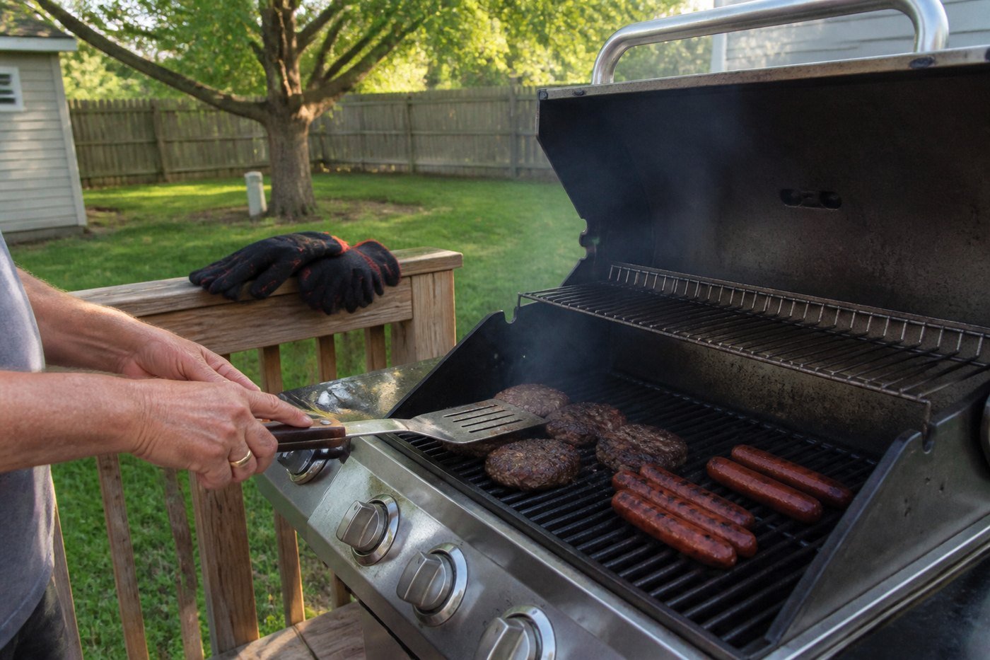 Hands at a gas grill on a wooden deck in the late afternoon