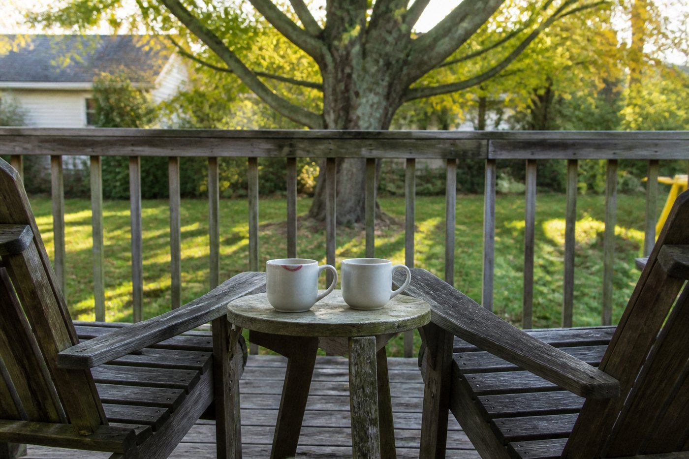 Two coffee mugs on a small table between two chairs on a wooden deck