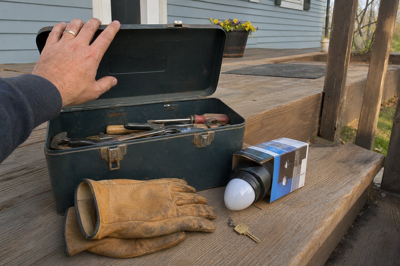 Open toolbox, work gloves, and a replacement bulb on the porch steps
