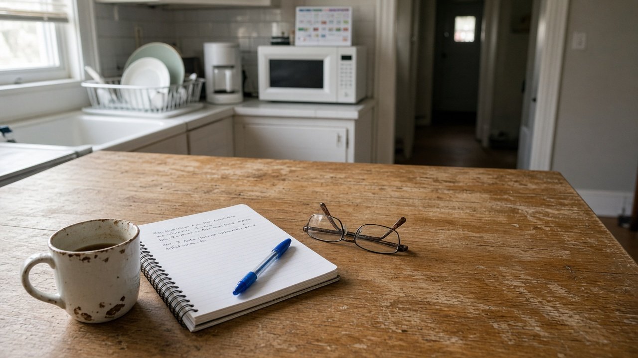 Kitchen table in morning light with a mug and a notebook