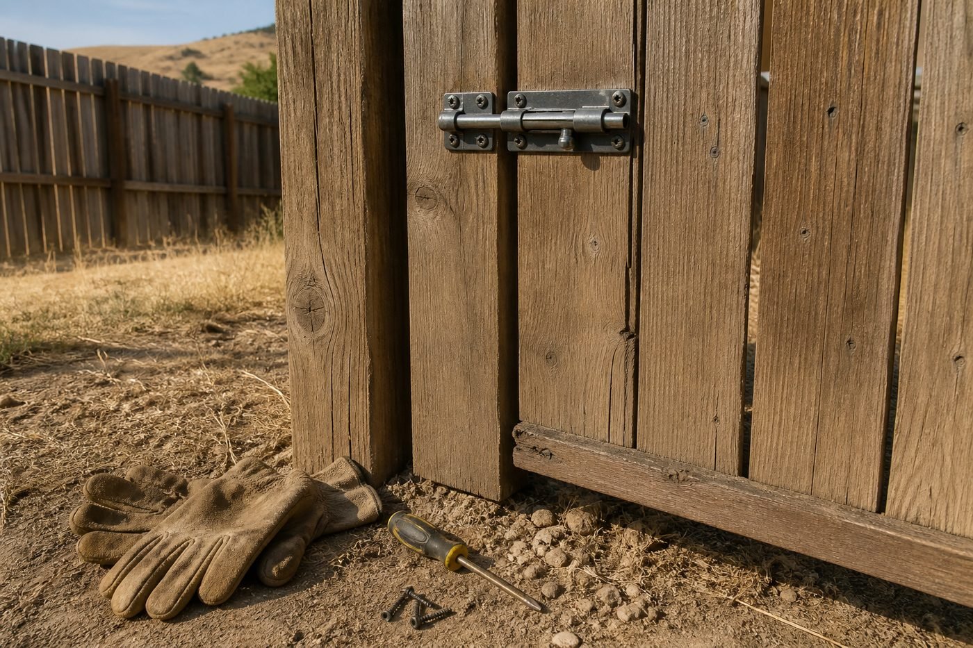 Work gloves, a screwdriver, and a metal latch on a weathered wooden gate