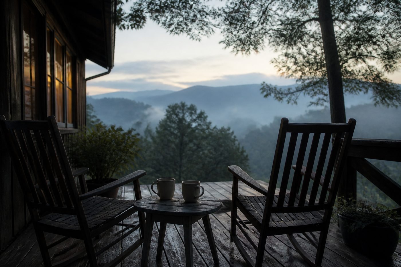 Two coffee mugs on a small table between two chairs on a wooden porch
