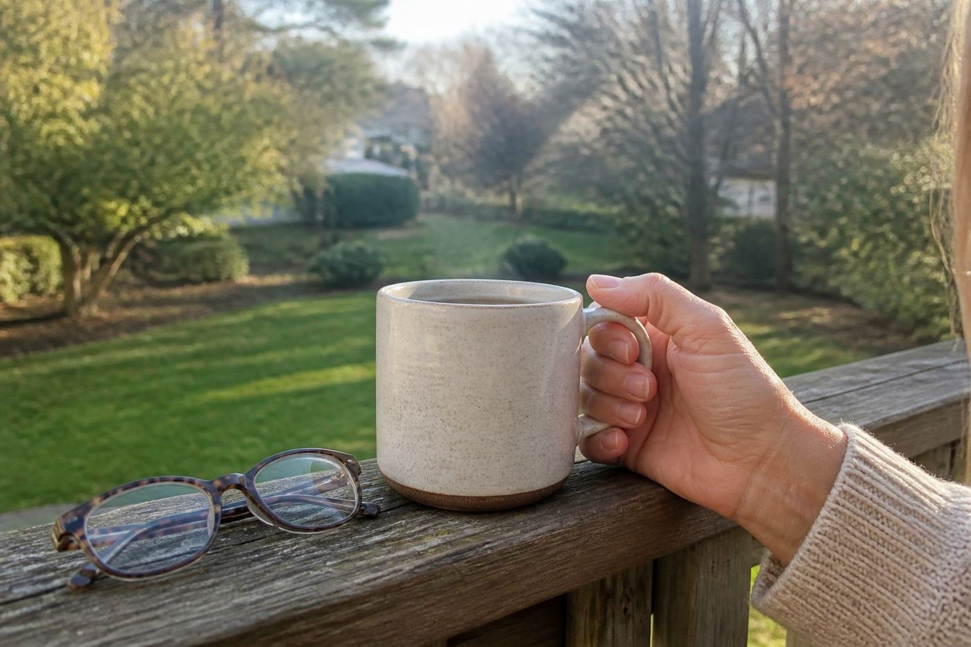 Coffee mug and glasses on a wooden porch railing overlooking the backyard