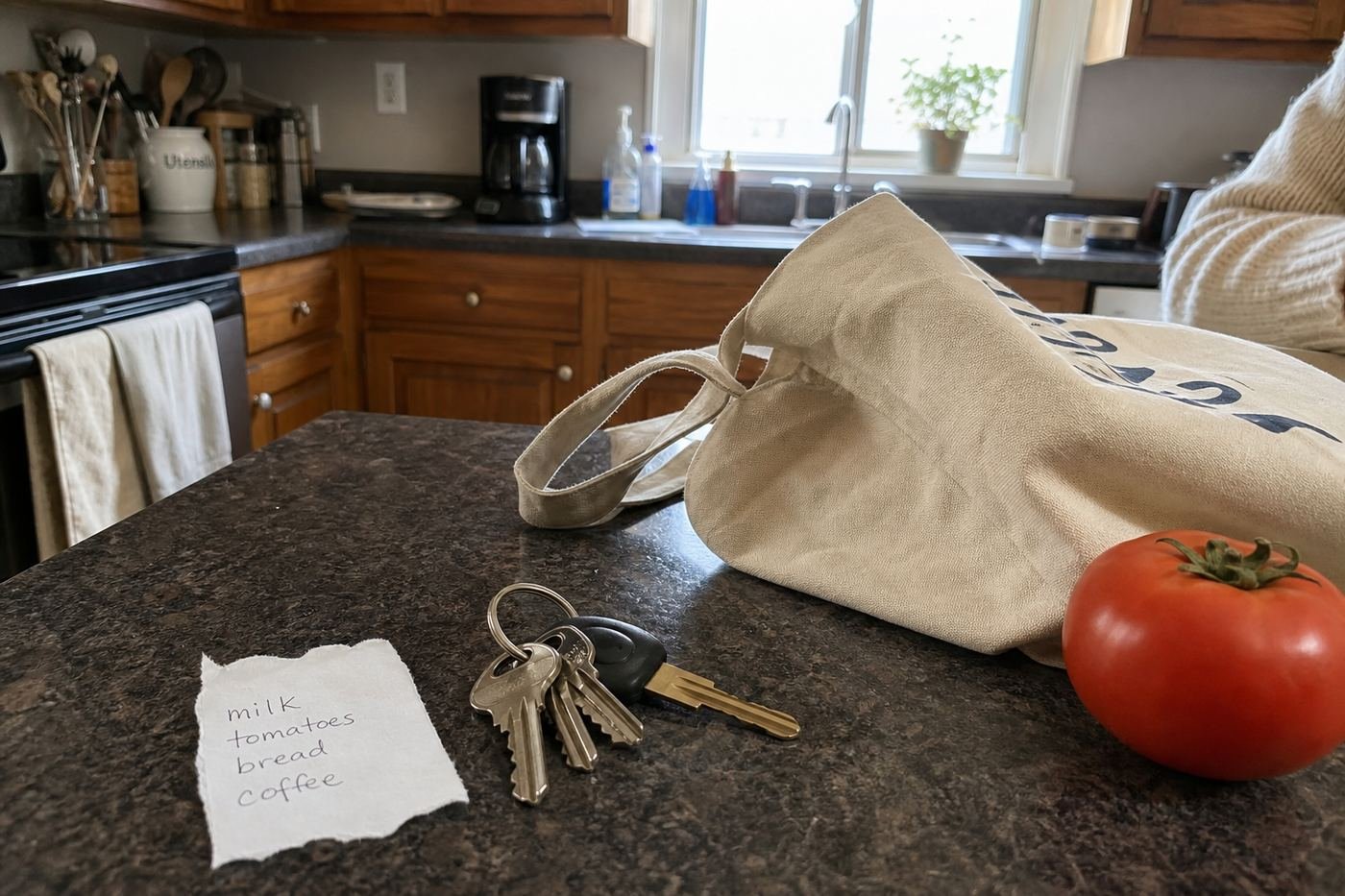 Handwritten grocery list, keys, and a tomato on the kitchen counter